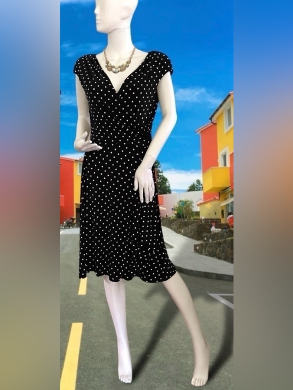 Lauren Ralph Lauren Faux - Wrap V neck Polka Dot Dress - Black/White Size 10